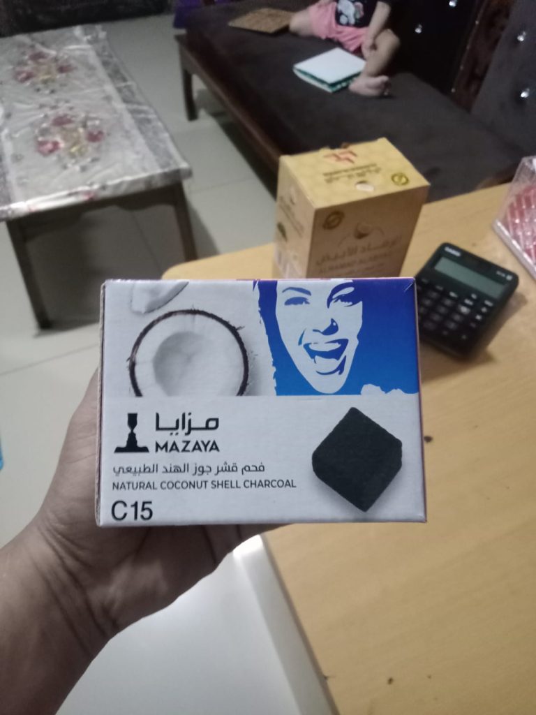 International shisha brands including Mazaya trust charcoal Packaging Mazaya coconut shell charcoal briquettes for premium shisha use